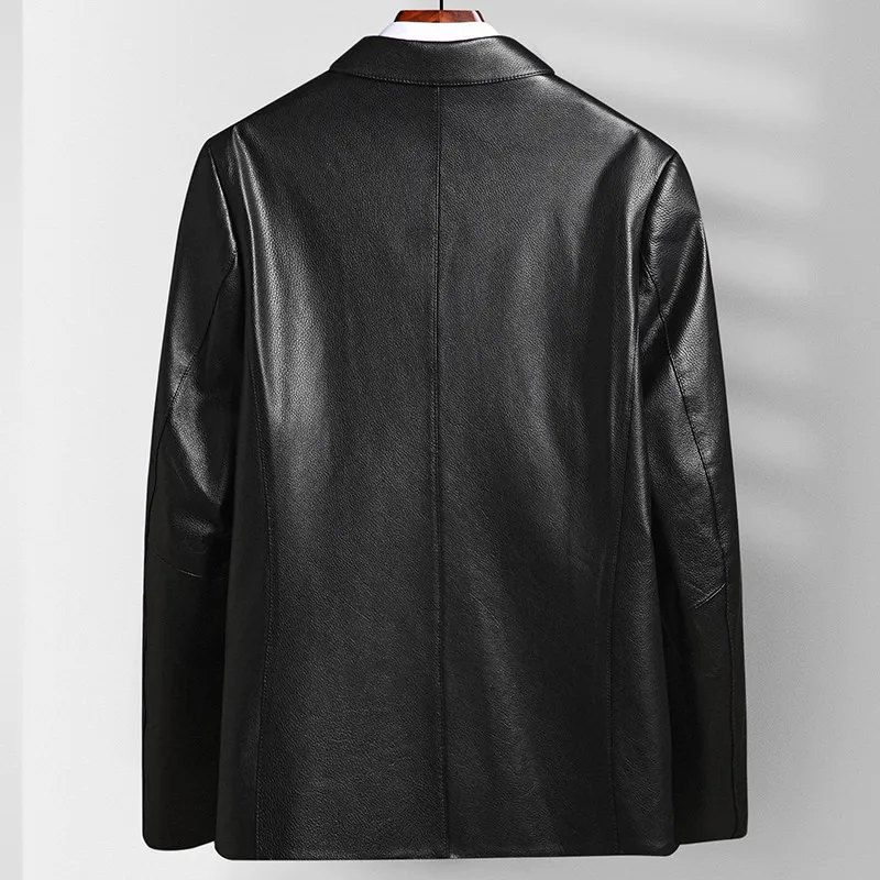 Men's Natural Cowhide Leather Jacket Lapel Middle-aged Dad Coat Spring Autumn Casual Classic Fit Leather Outerwear