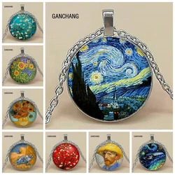 Van Gogh Art Oil Paintings Necklace Art Glass Cabochon Jewelry Starry Night Sky Sunflower Pendant Women Lover Girl Gifts