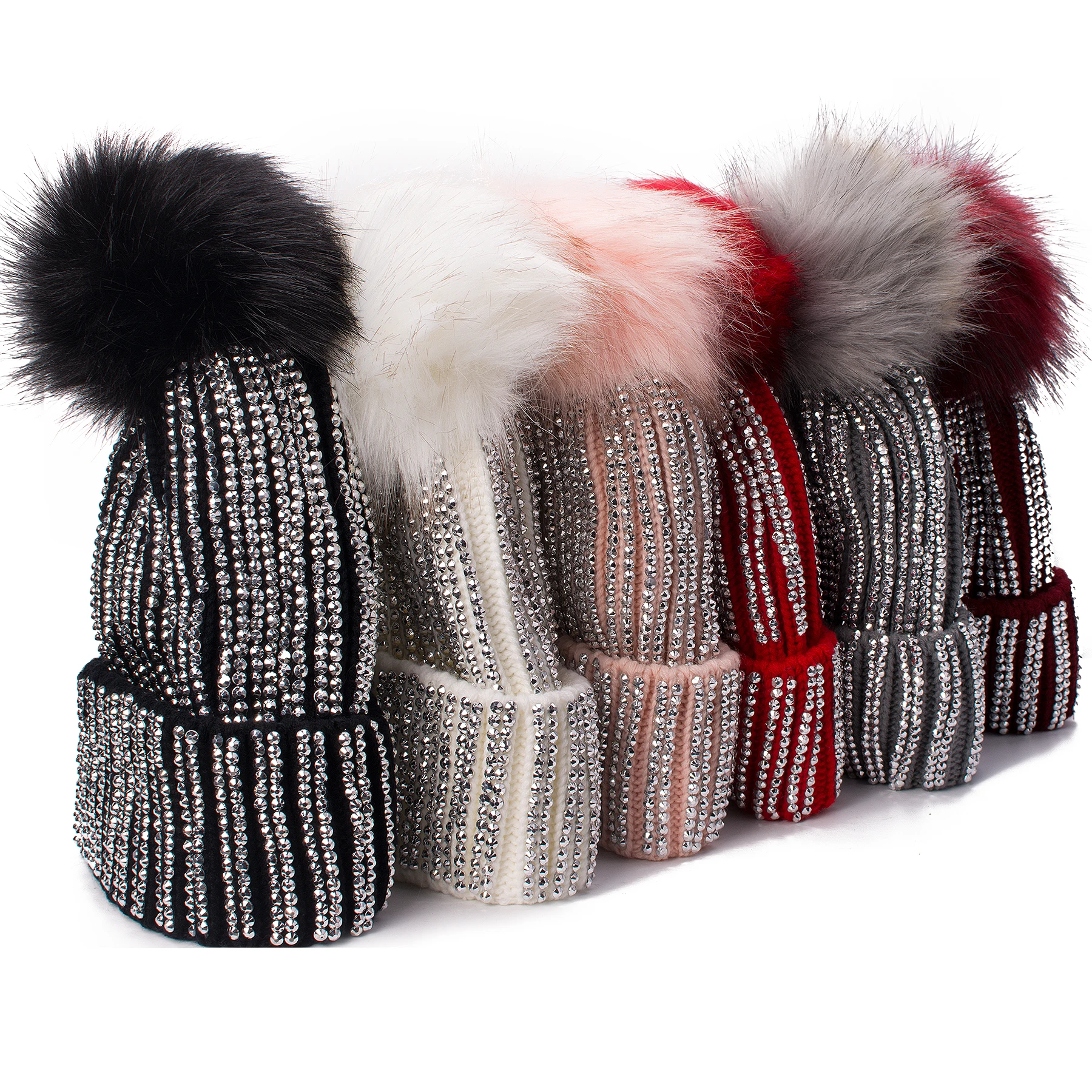 Lawliet Winter Hats Faux Fur Pom Pom Rhinestone Bling Style Women Beanies High Quality Warm Knitted Skull Cap A469