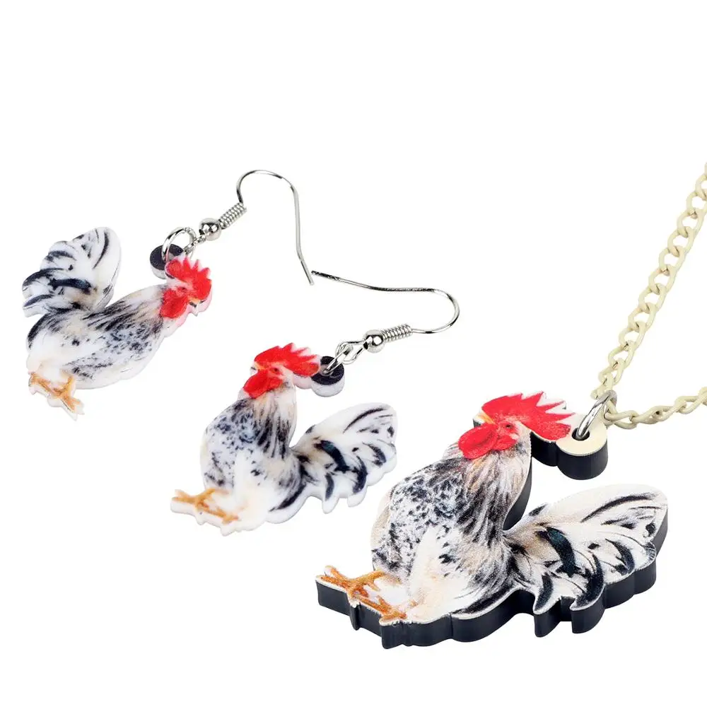 Bonsny Acrylic Floral Rooster Chicken Necklace Earrings Jewelry Sets Farm Animal Girl Teens Lady Charms Party Gift Decorations