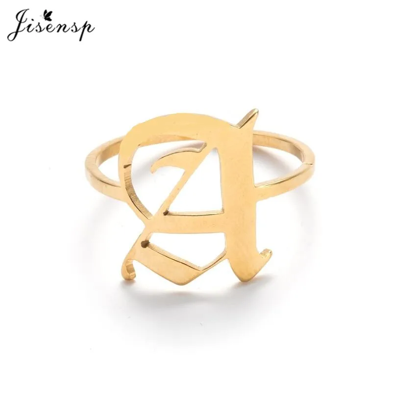 Jisensp Initial Letter Ring Stainless Steel Old English A-Z Alphabet Capital Ring Vintage Jewelry for Women Men Birthday Gift