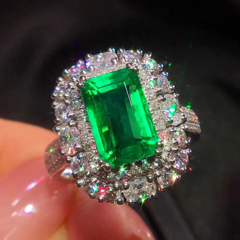 9K Gold ring Lab Created 5ct Emerald and Moissanite Diamond Ring With national certificate Em-021