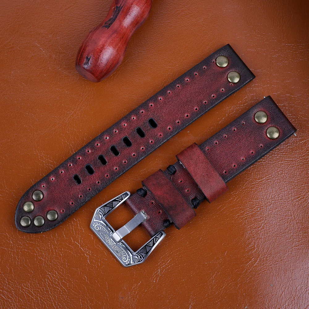 Retro Leather Watch Strap 18mm 20mm 22mm 24mm Watch Strap Vintage Rivet Thick Watchband Panerai Brushed Carved Clasp Accessories