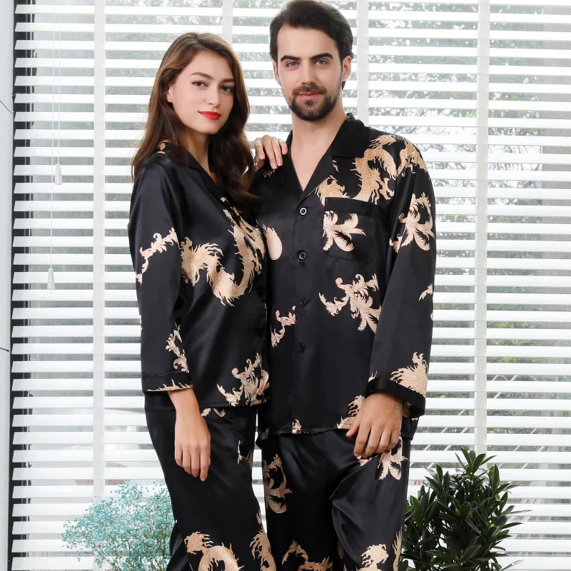 Simulation Silk Couple Pajamas New Long-Sleeved Suit Men And Women V-Neck Silk Printing Dragon And Phoenix Home Service Пижам