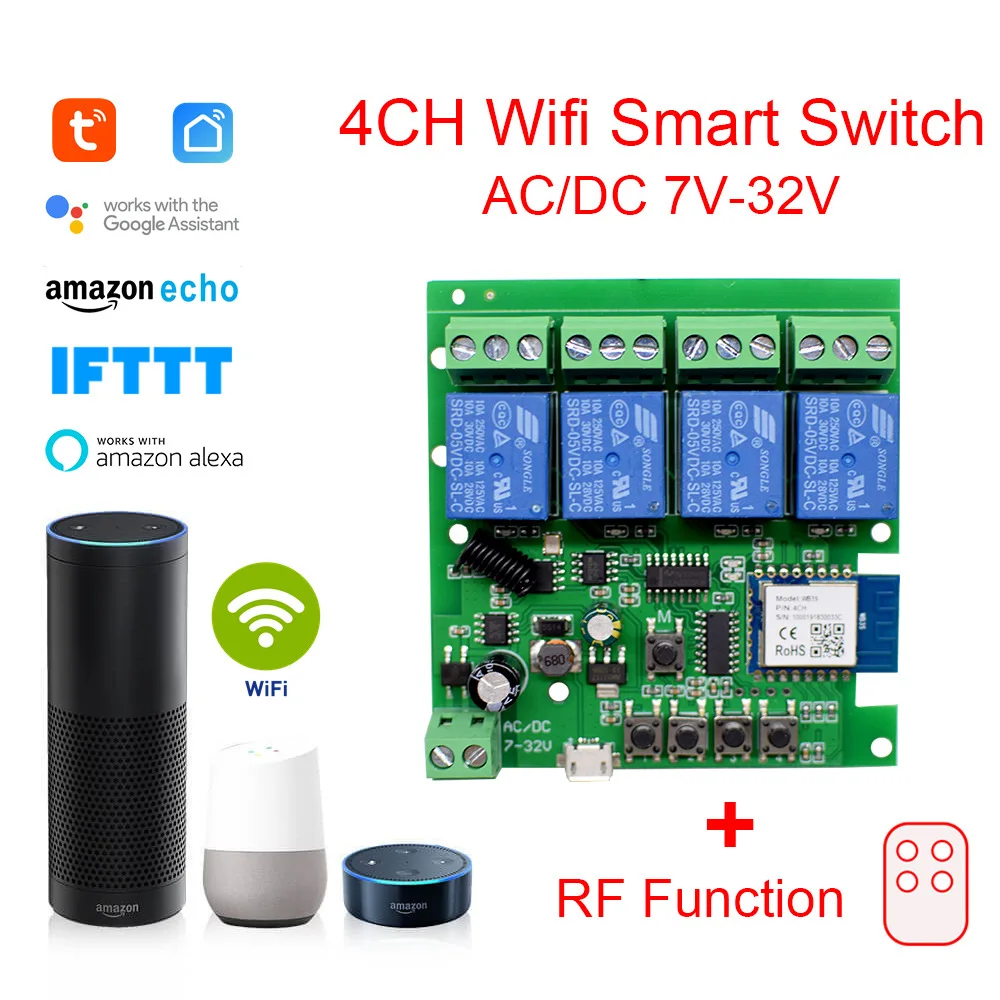 Wifi Smart Light Switch,Wifi Module,4CH DC 5/12/32V RF433 Receive 10A Relays Work with Alexa Google Assistant,Tuya Smart Life