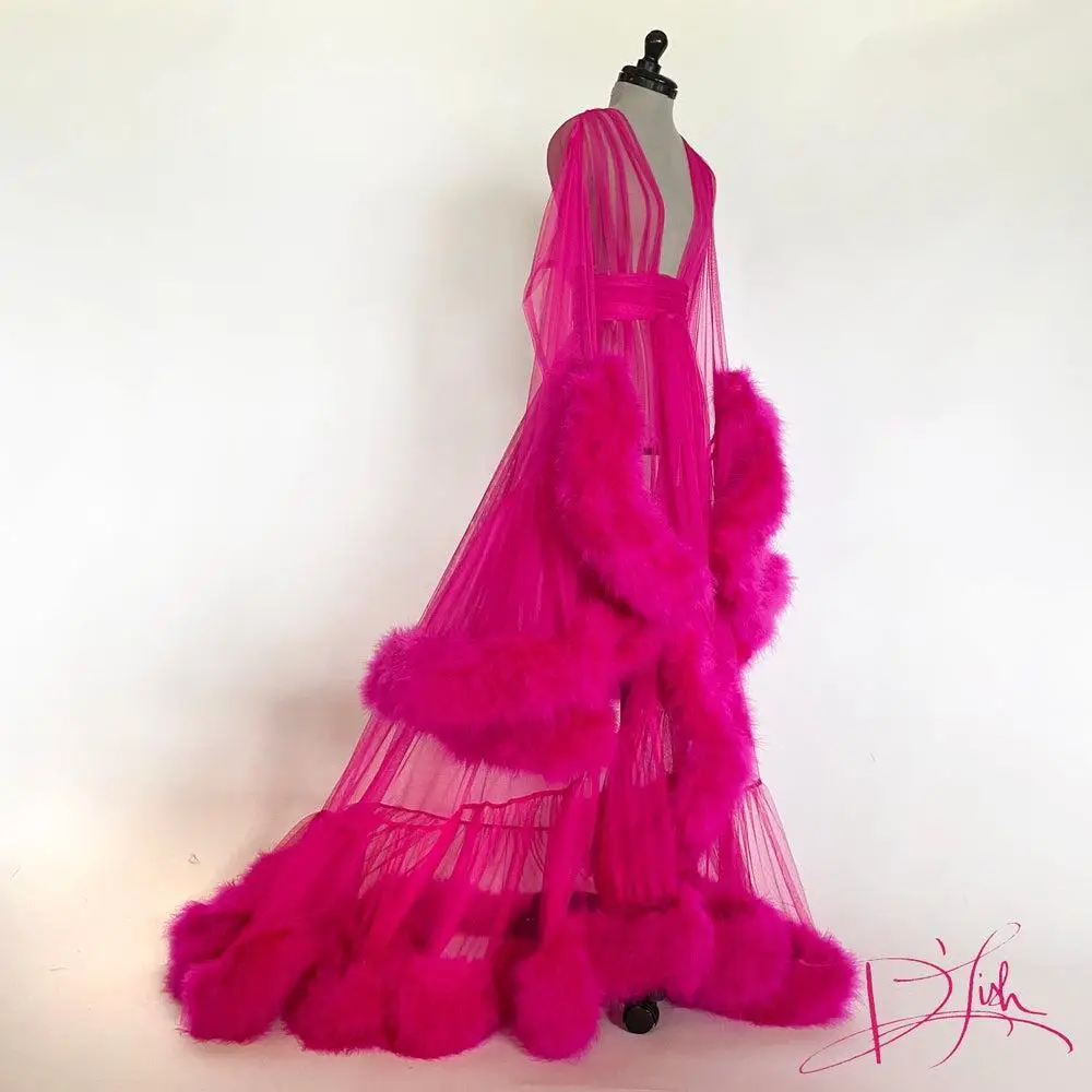 Fuchsia Maternity Dresses Luxury Fur Maternity Gown for Photoshoot Boudoir Lingerie Tulle Robe Bathrobe Nightwear Babydoll Robe