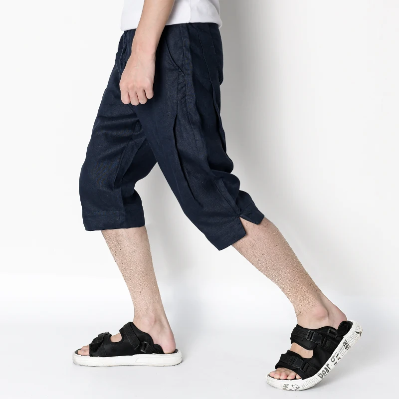 2020 Summer new 100% linen brand pants men casual elastic waist calf-length trousers for men fashion comfortable pants mens