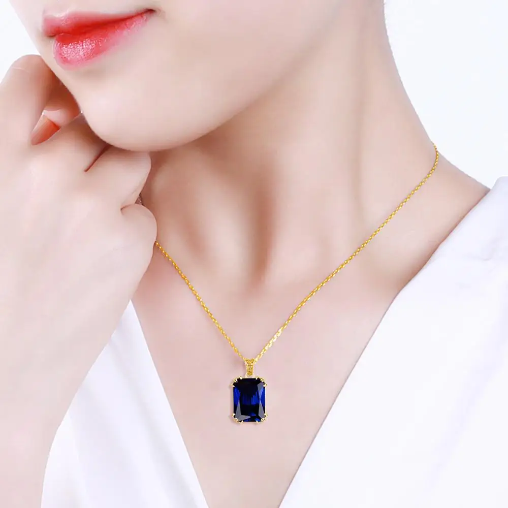 Szjinao Gold Pendant For Women Genuine 925 Sterling Silver Blue Sapphire Statement Pendants Necklace Wedding Fashion Jewelry New