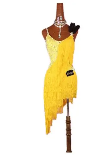 New Latin Dance Dress Women Competition Costumes Custom Practice Skirts Shining Crystal Yellow Thick Fringed Latin Dresses