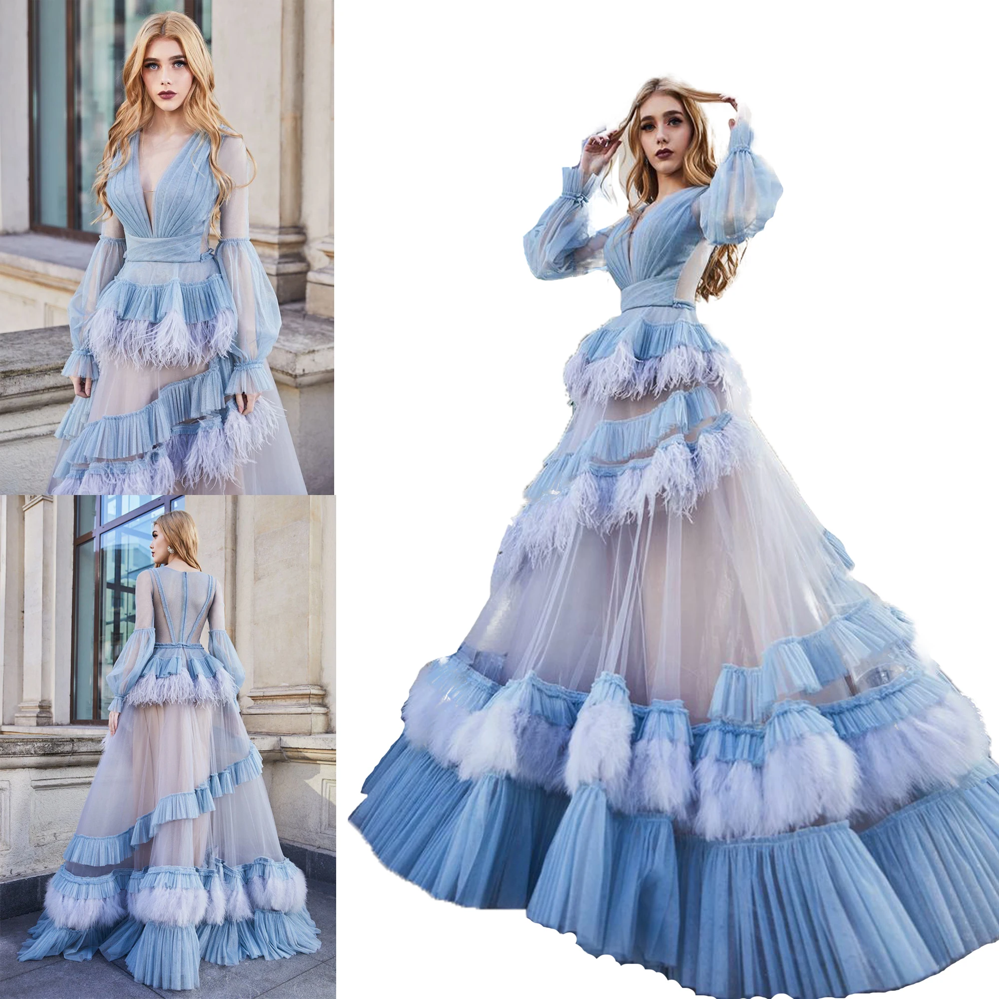 2021 Ruffle Folds Kimono Women Dresses Robe for Photoshoot Extra Puffy Sleeves Feather Prom Gowns African Cape Cloak Maternity D