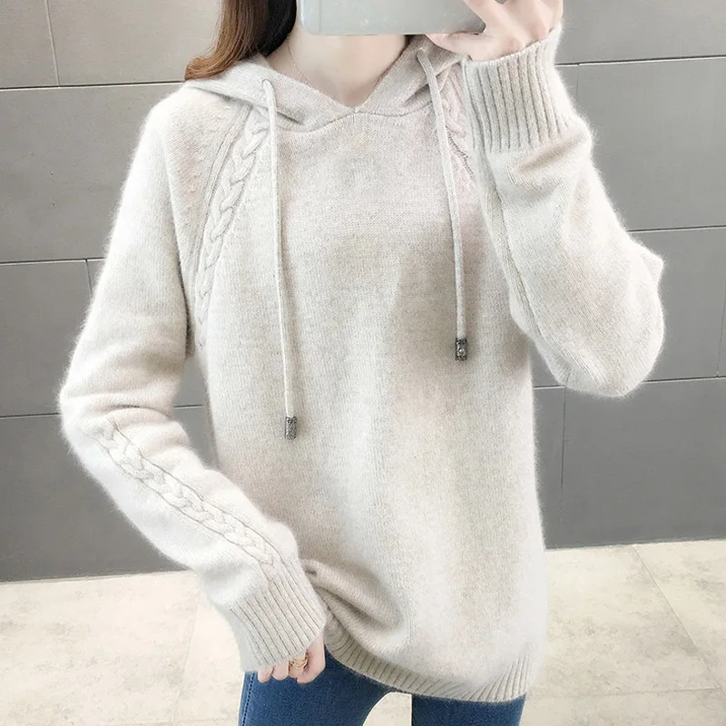 JMPRS Pullover Women Sweater Loose Knitted Hooded Long Sleeve Jumper Thick Solid Ladies Sweater Casual Winter  Tops