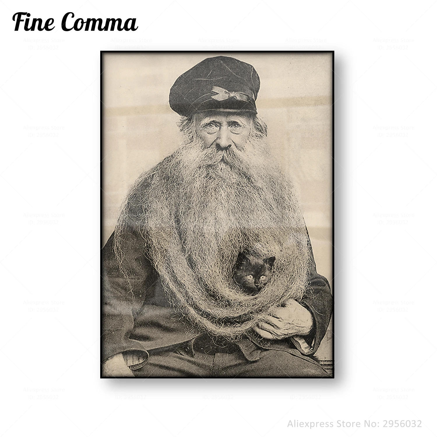 Langer Bart, Mann mit schwarzer Katze, Vintage-Poster, altes Foto, Leinwanddruck, schwarzes Kätzchen, lustige Katze, Wandkunst, Werid, Foto, Heimdekoration