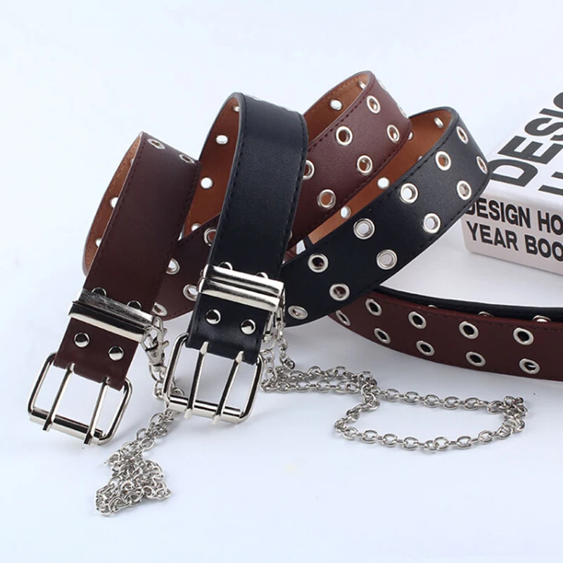 Women Punk Chain Belt Adjustable Black Double/Single Eyelet Leather Buckle Belt