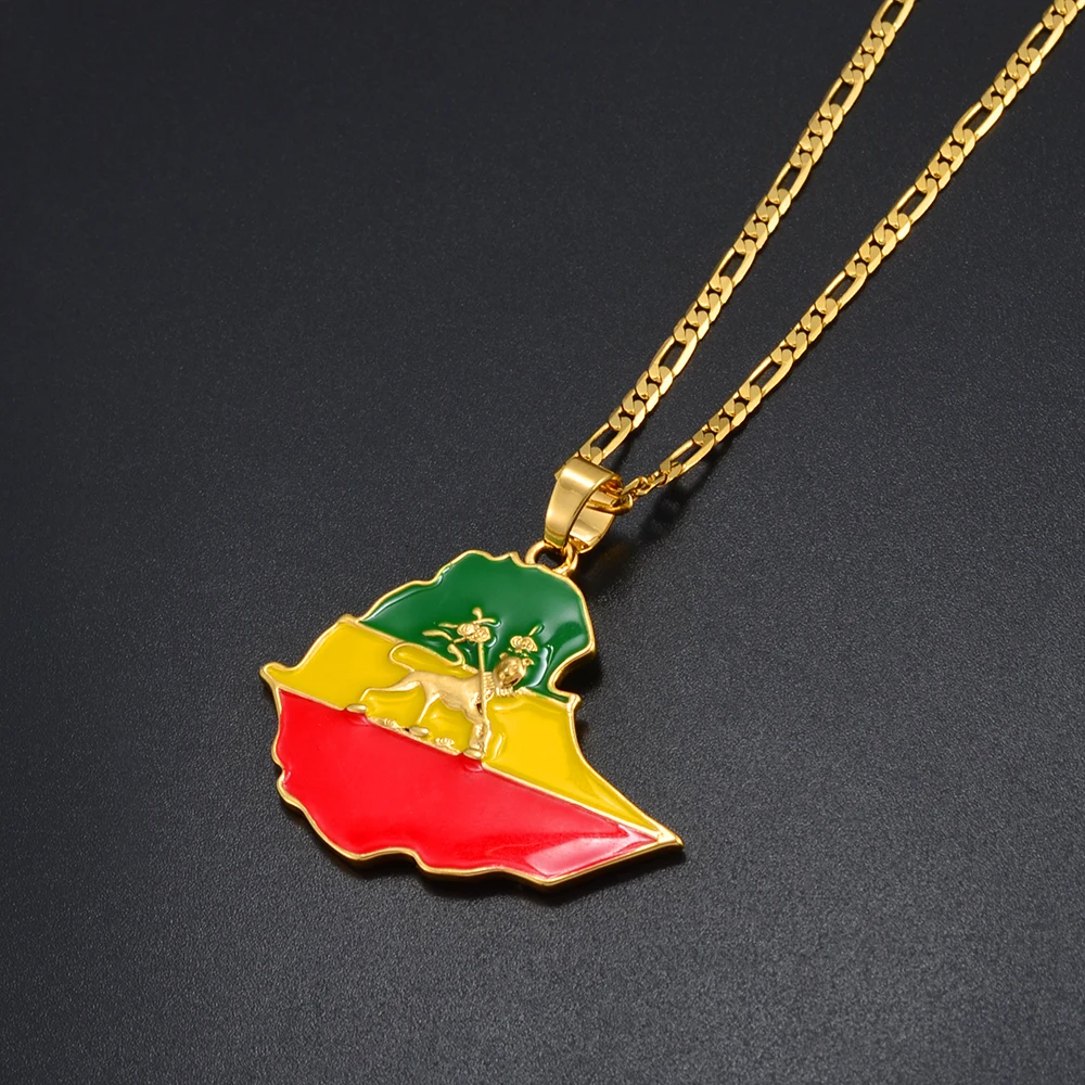 Anniyo 4.7CM Ethiopian Map Flag Pendant Necklace for Women Men Gold Color Ethiopia Jewelry Map Chains @008606