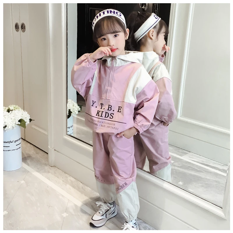 Girls Autumn Suit 2019 New Children Leisure Spliced Clothing Set Female Kids Sports Two-pieces Hooded Coat + Pant Tracksuit P283