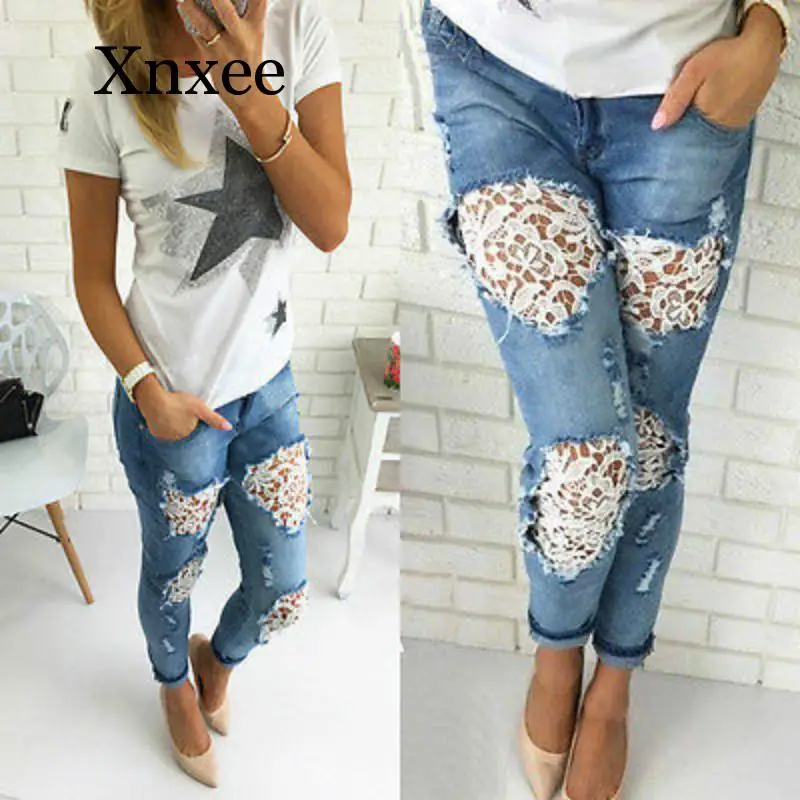 

Spring Women's Lace Stitching Denim Sexy Ripped Jeans With Holes Jean Crochet Trousers Summer Destroyed Women Pants Korean