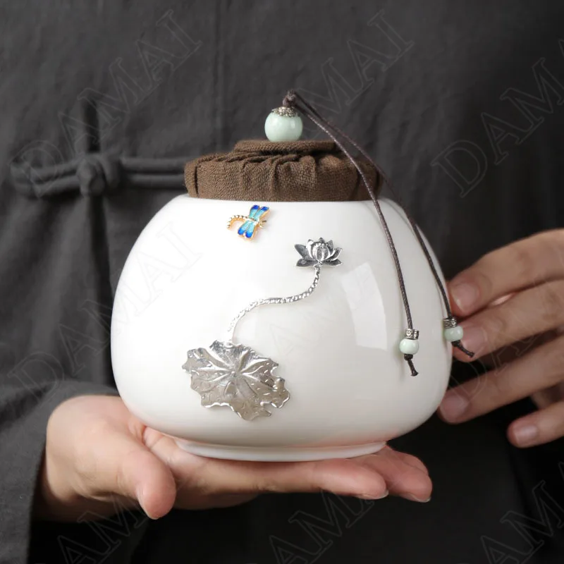 

White Jade Porcelain Tea Tin with Lid Plating Silver Decorative Ceramic Tea Set Storage Organizer Container Home Decoration