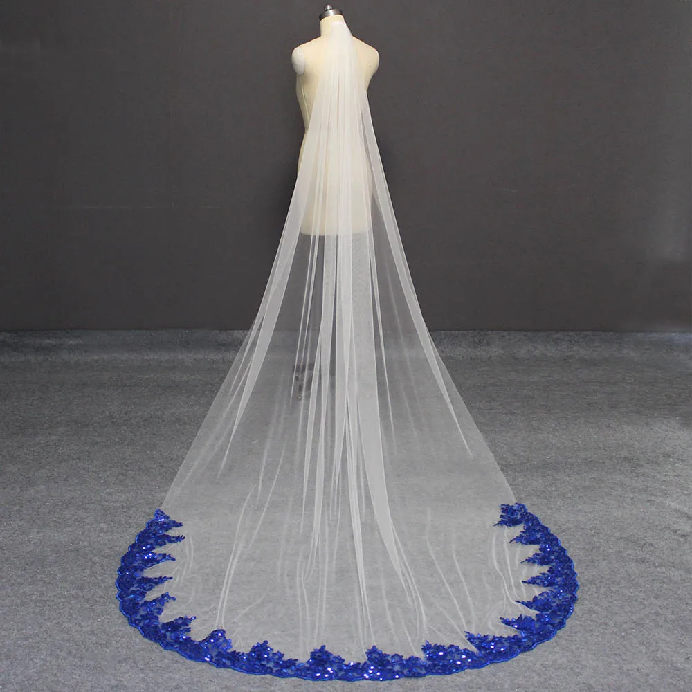 Customized Royal Blue Lace White Ivory Soft Tulle Long Wedding Veil 3 Meters Bridal Veil with Sequined Lace Welony