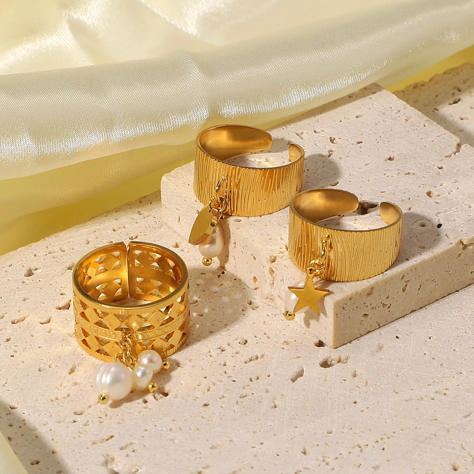 1 Pc Rvs & Natural Pearl Open Verstelbare Ringen Goud Kleur Wit Parel Ster Hart Hanger Brede Ring