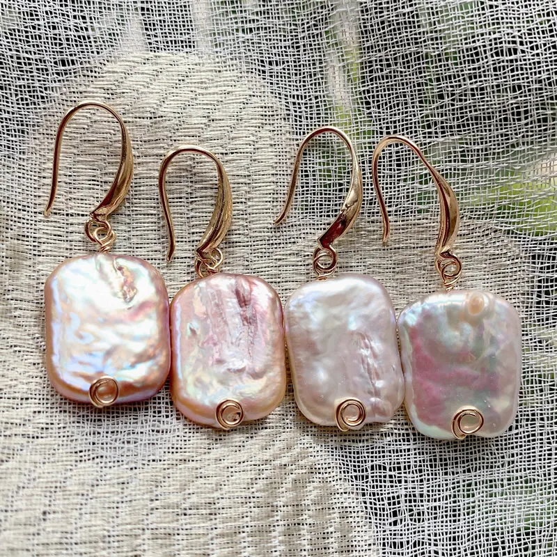 Elegant Real Natural Freshwater Pearl Dangle Earrings for Women Rainbow Shiny Irregular Rectangle Biwa Baroque Pearl Earrings