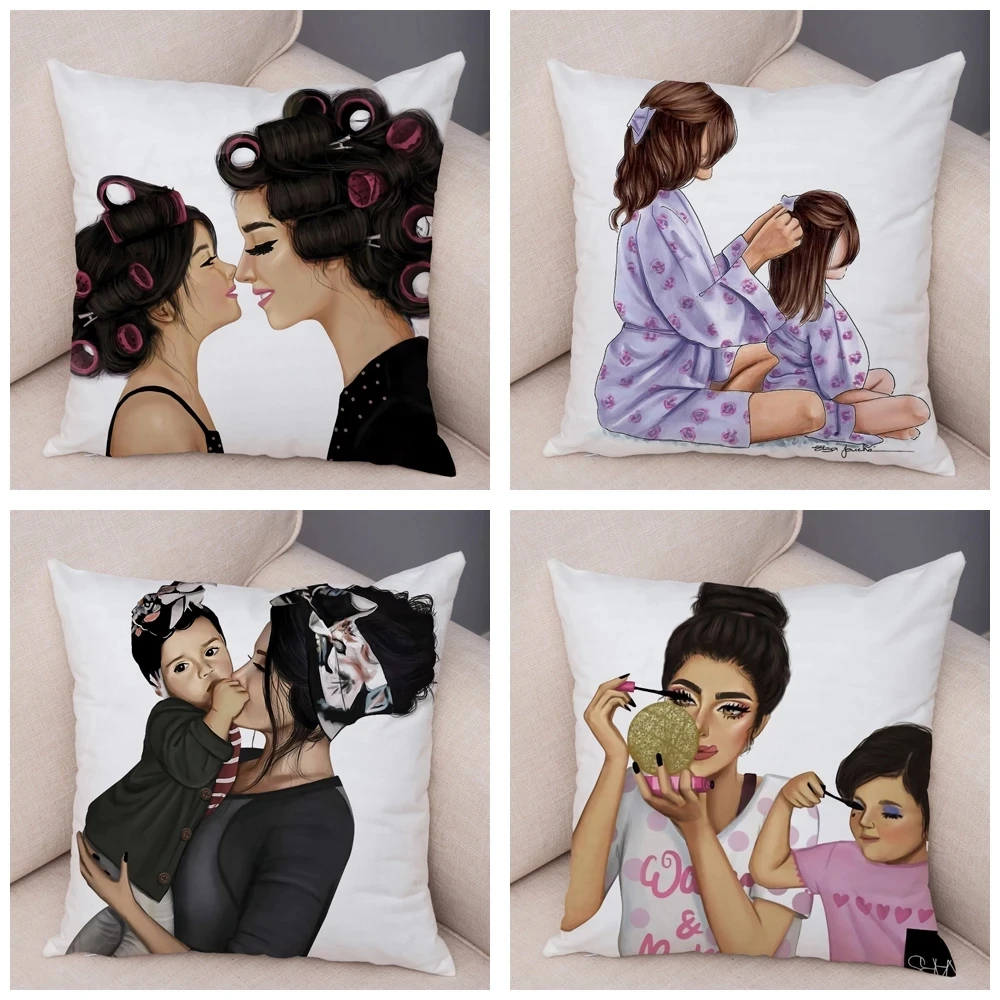 45*45CM Super Mom and Baby Pillow Case Vogue Cartoon Cushion Cover for Sofa Home Car Soft Plush Decor Mama Children Pillowcase