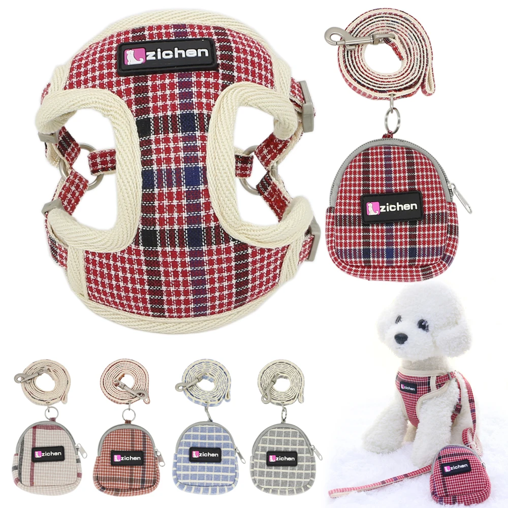 Plaid Padded Breathable Pet Harness and Leash Set, Seat Belt for Small and Medium Dogs and Cats, Puppy Accessories