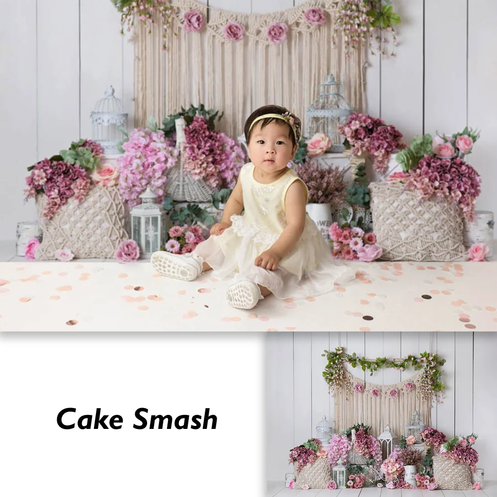 Garden Flowers Newborn Baby 1st BIrthday Cake Smash Portrait Photography Backdrop White Wood Floor Background for Photo Studio