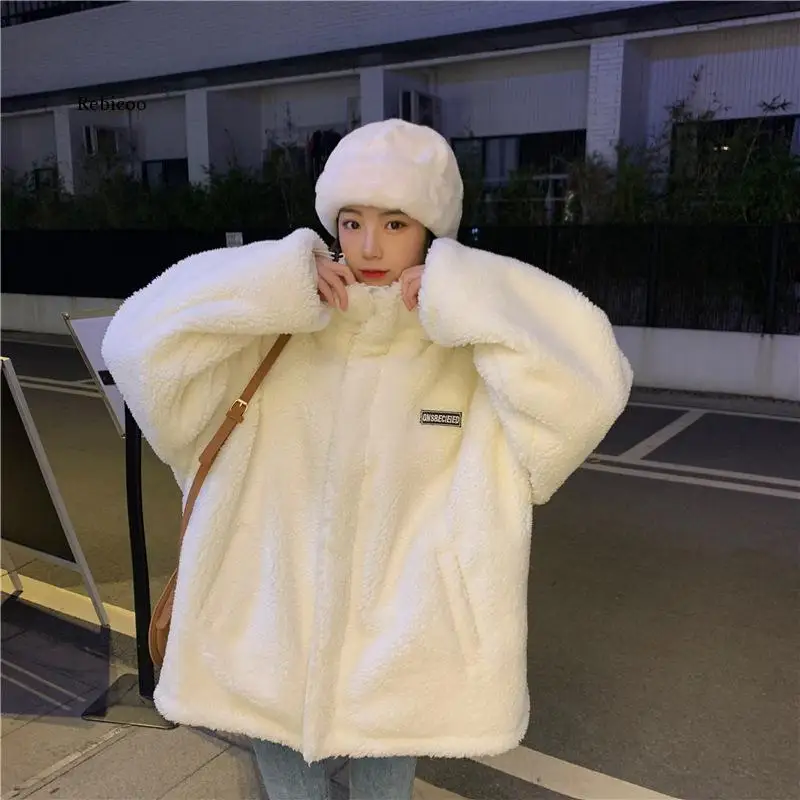 mitation Lamb wool cotton coat women\'s winter plush thick short Outwear thick new all-match casual plush Jacket