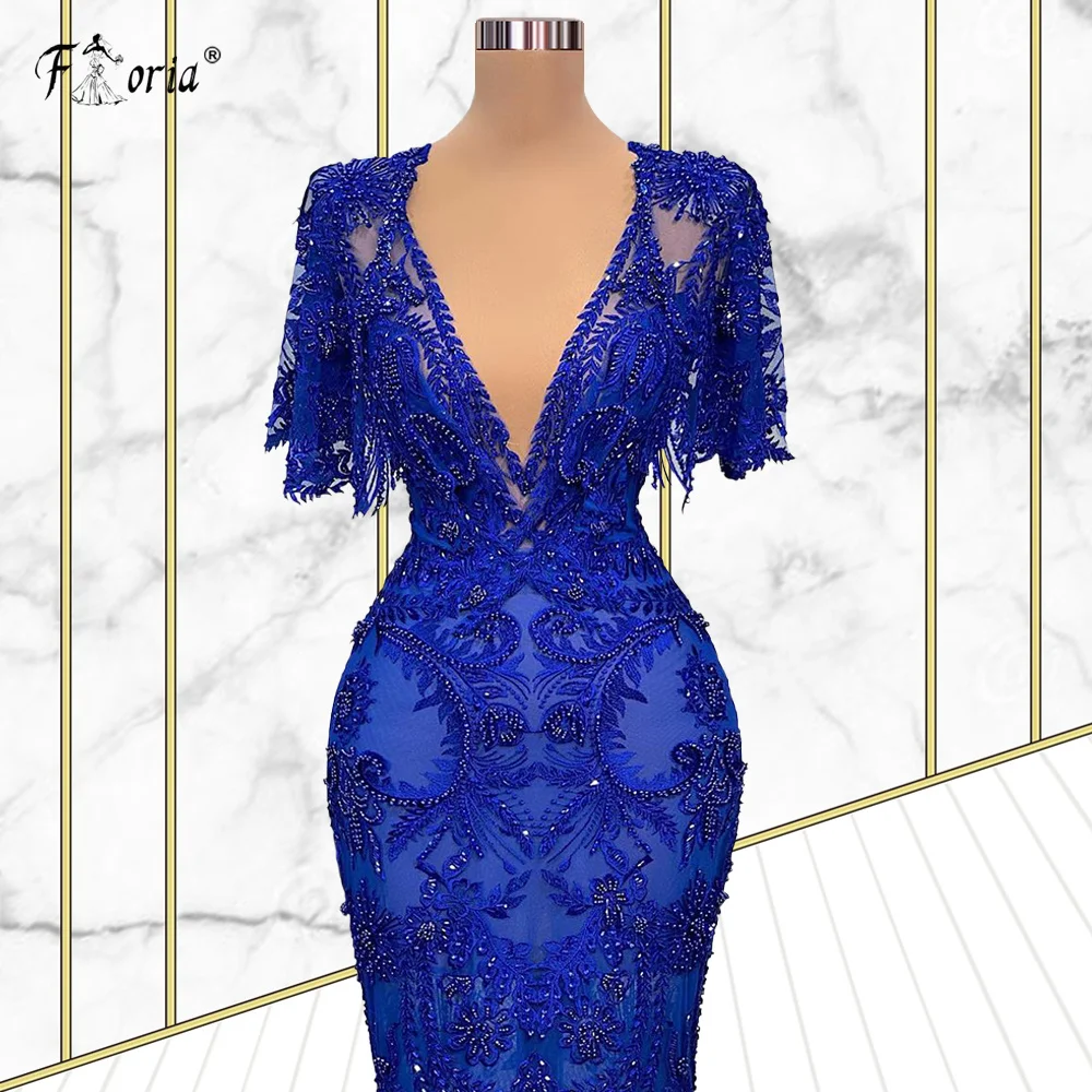 Vestido de noche de sirena azul musulmán, elegante cuello en V, manga tapada, encaje con cuentas, Formal, para ocasiones, largo hasta el suelo, fiesta, graduación