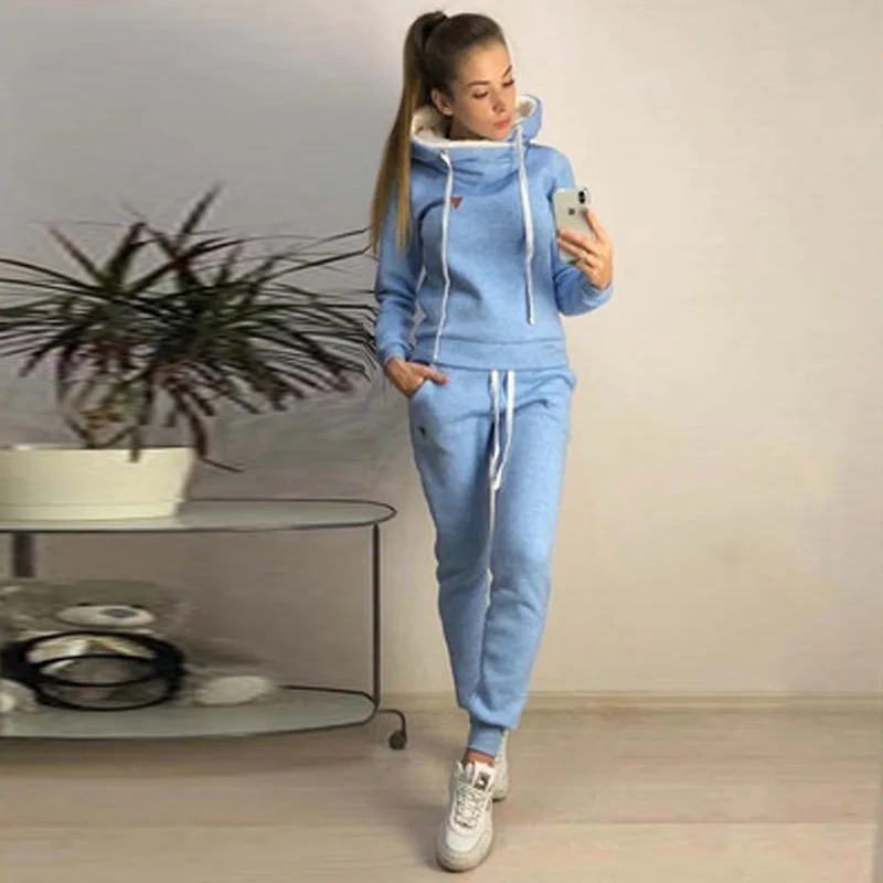 Fashion Sportswear Women 2 Pcs Casual Solid Hooded Long Sleeve Sport Tops+Long Pants Set Sport Winter Running suit