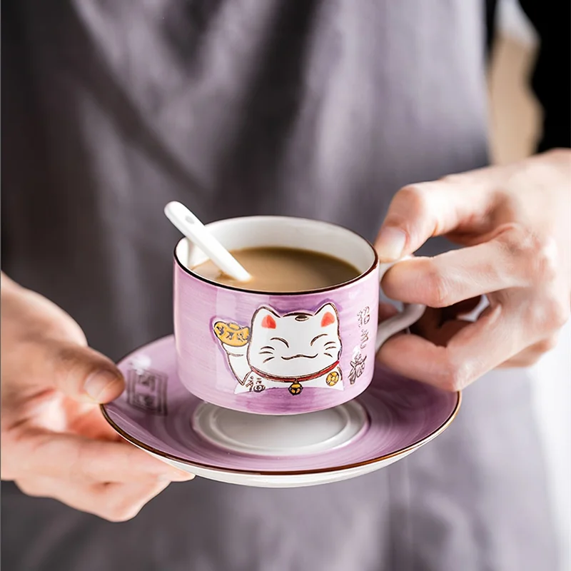 Coffee Cup Waterware Lucky Cat Dish Saucer Spoon Set Gift Box Japanese Green Handle Cartoon Tea Drinkware Home Kitchen Supplies