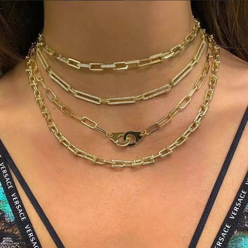 

2025 Hot New Iced Out Unique Women Jewelry Gold Filled Micro Pave CZ Safety Pin Link Chain Choker Necklace 32+10cm Sexy Layers