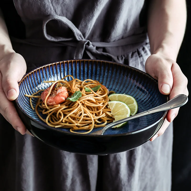 ANTOWALL Creative Nordic ceramic plate blue stripe flat plate household ceramic plate western plate pasta steak plate