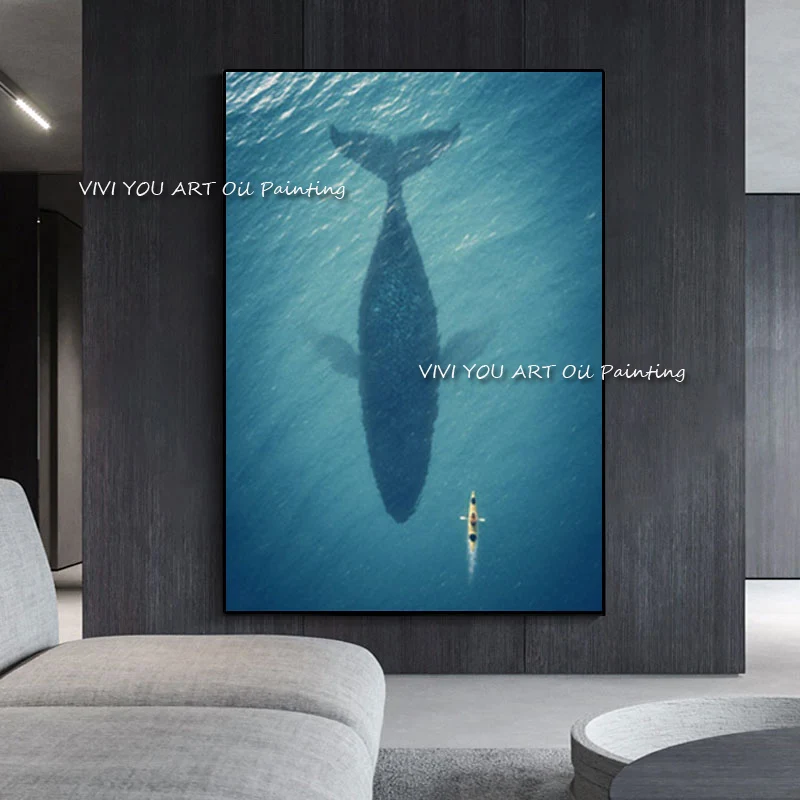 The Handmade Whale Fish Blue Sea Abstract Modern Brush Oil Painting On Canvas Handpainted New Creative Wall Art For Home Decor