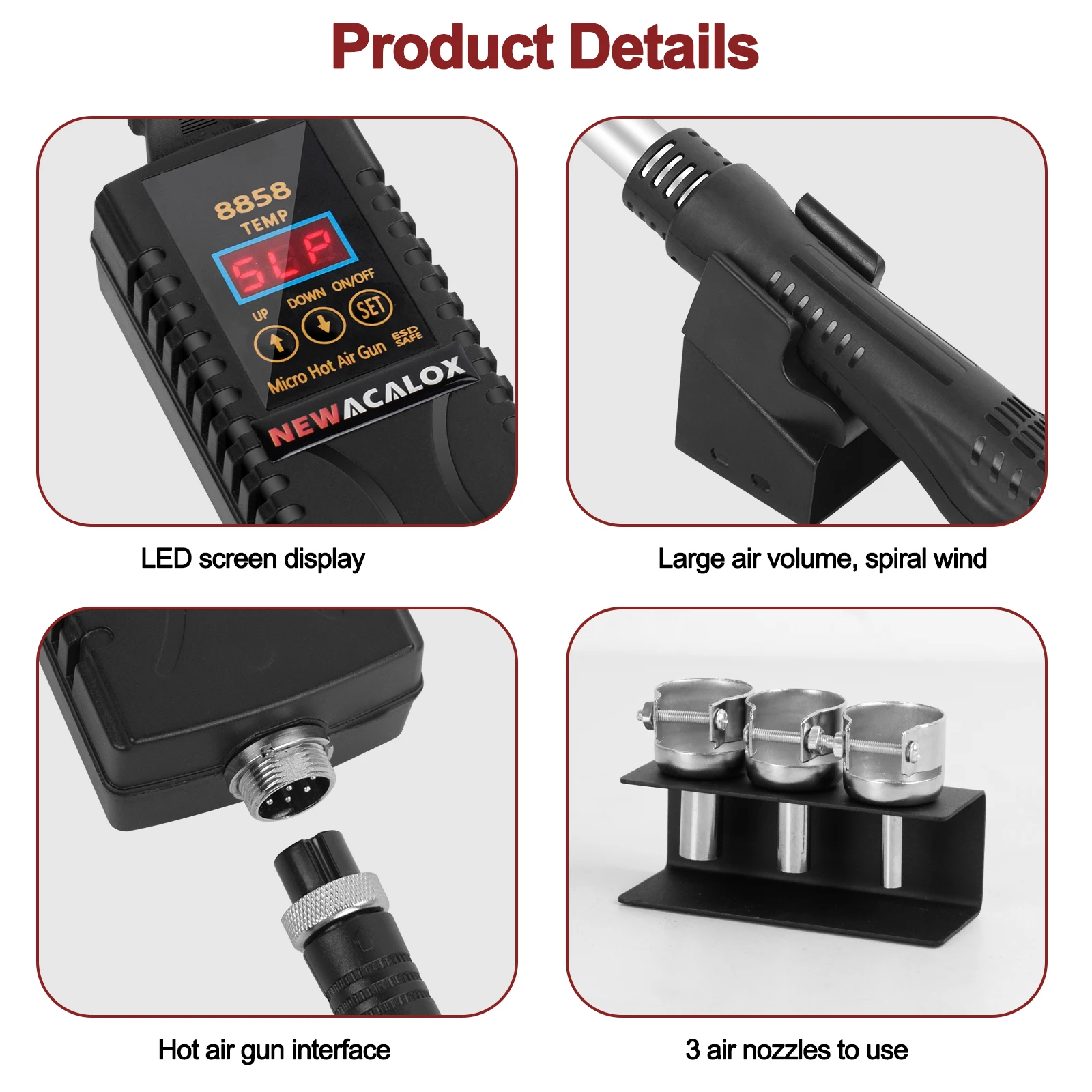 NEWACALOX Hot Air Gun Kit 8858 Micro Rework Soldering Station LED Digital Hair Dryer For Soldering 700W Heat Air Welding Repair