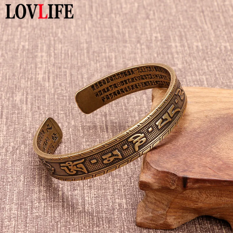 Nepal Handmade Vintage Brass Bracelet Six-word Mantra Men and Women Tibetan Buddhist Sutra Engraved Lucky Open Bangles Jewelry