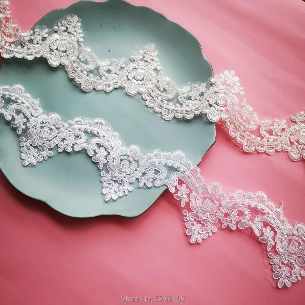 3Yard/7cm  White Ivory Cording  Edge Polyester Embroidery Lace Trim for Bridal Wedding Gown Costume Design Lace Ribbon