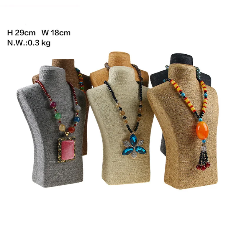 Natural Hemp Rope S/M/L PVC Jewelry Holder Woman Mannequin Necklaces Bust Stand Jewellery Display Pendants Shelf Packaging Gift