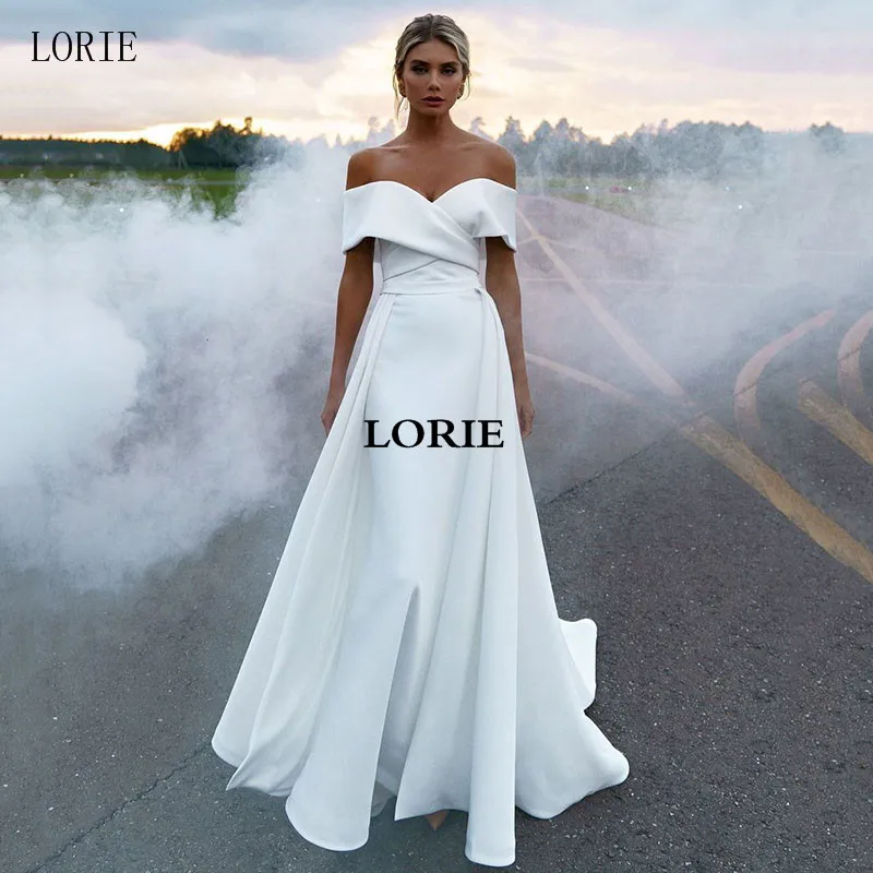 LORIE Simple And Clean Satin Mermaid Wedding Dress Off Shoulder Bride Dresses With Detachable Train Princess Wedding Party Gowns