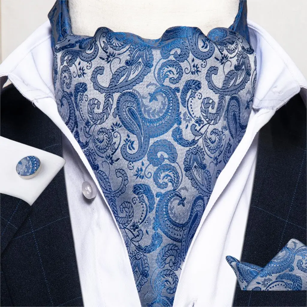 Men Vintage Wedding Formal Cravat Ascot Scrunch Self British Style Gentleman Polyester Silk Neck Tie Luxury Hanky Set DiBanGu