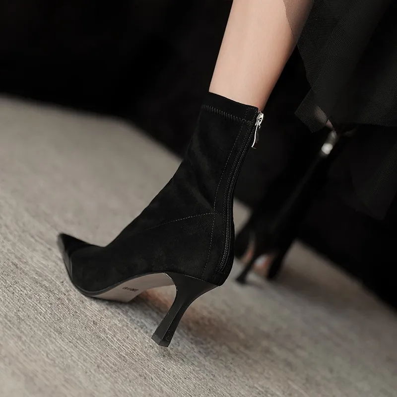 Retro Stretch Socks Boots Women Autumn/Winter New Fashion Pointed Toe Zipper Single Boots Stitching High Heels Women Shoes