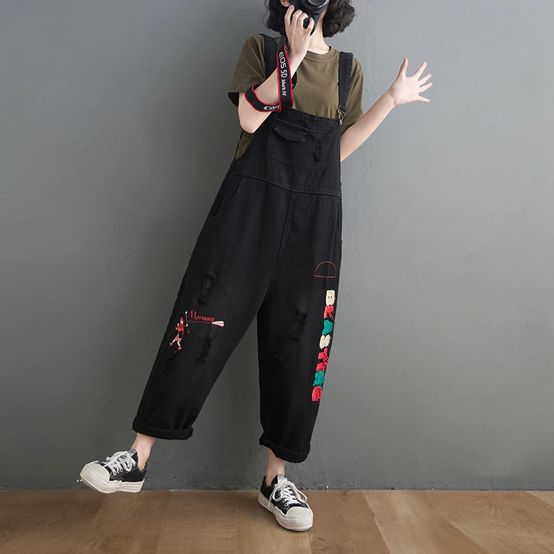 New Red Black Denim Overalls For Women Fashion Streetwear Jumpsuit Wide Leg Loose Baggy Bib Pants Ripped Combinaison Jeans Femme