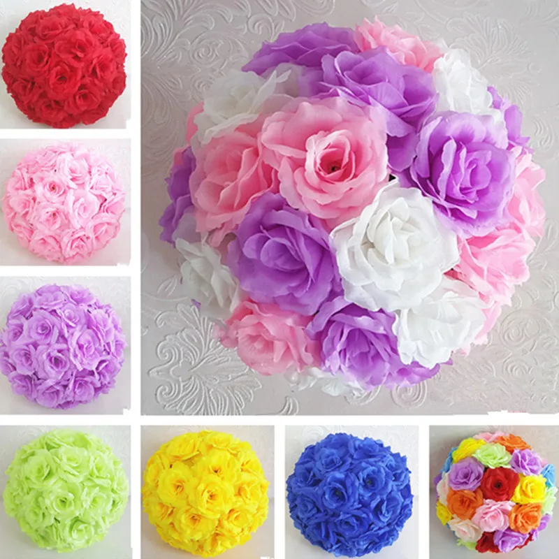 10PCS 25cm Elegant Artificial Silk Rose Flower Ball Kissing Balls Craft Ornament For Wedding Party Decoration Supplies 16 Colors