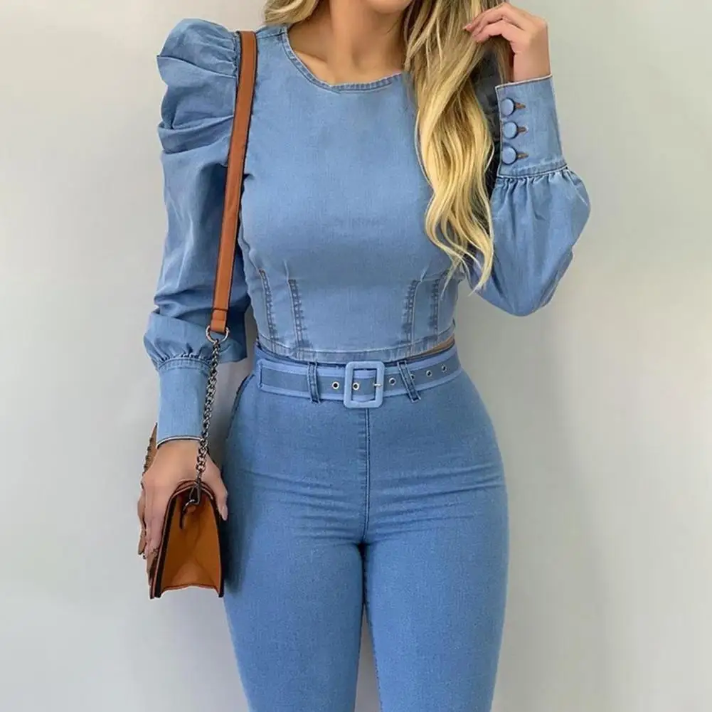 Women Blouse Puff Sleeve Solid Color Spring Autumn Sexy Long-Sleeved Imitation Denim Shirt for Party