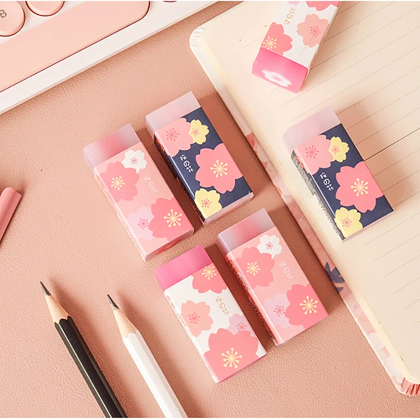 Sakura Pattern Pencil Eraser Student Stationery Lovely Cherry Blossoms Art Sketch Painting Rubber Erasers School Office Supplies