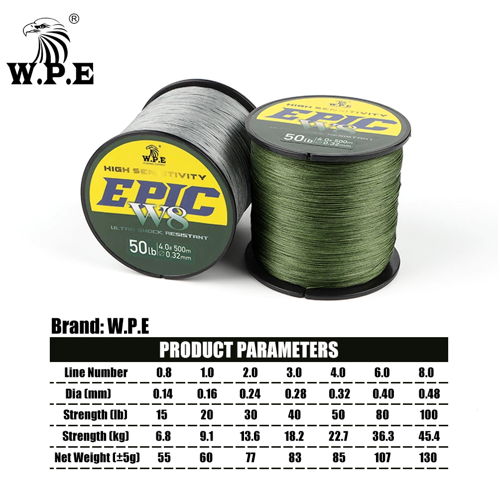 W.P.E EPIC 500M W8 Strands Braided Fishing Line 15 20 30 40 50 80 100LB Ultra Smooth Multifilament PE Fishing Line Carp Fishing