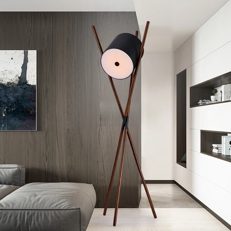 Nordic living room table lamp floor lamp industrial wind solid wood black walnut Trident drum study bedroom bedside lamp