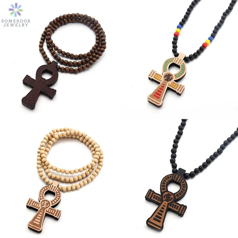 SOMESOOR Adinkra Symbol African Wooden Pendant Necklace Afro Ethnic Elastic Handmade DIY Wood Beads Chain Jewelry For Women Gift