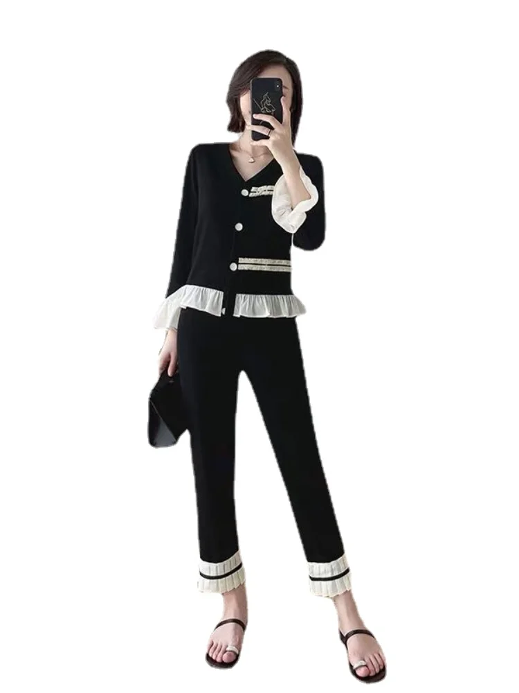 Spring Autumn Women Set Fashion Patchwork Knitting Cardigans + Pants Black Knitting Set Female