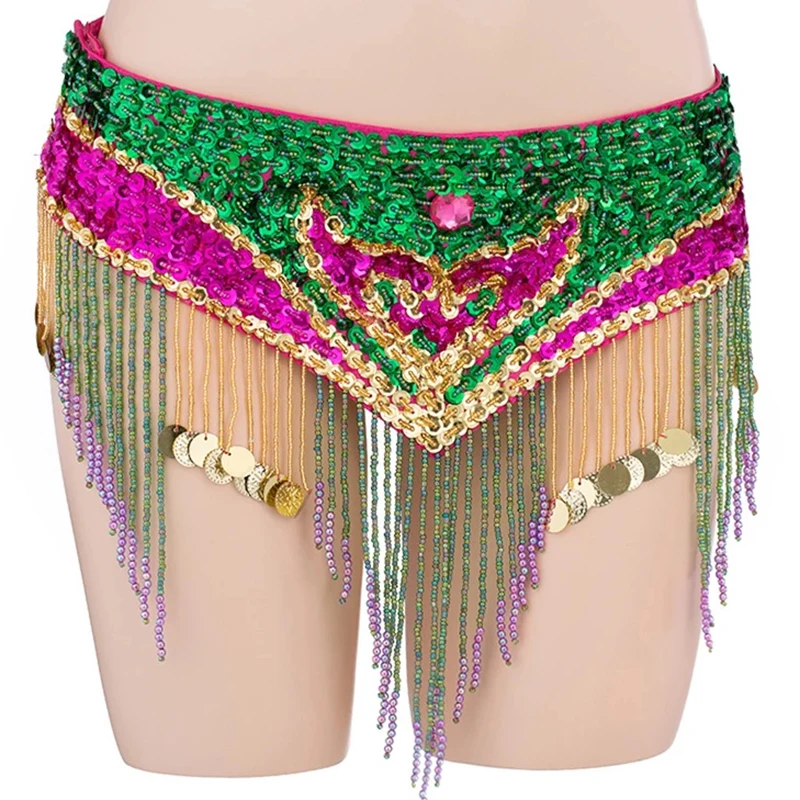 Professional Belly Dance Waist Belt Adjustable Fit Colored Beads Sequins Belt for Belly Dance